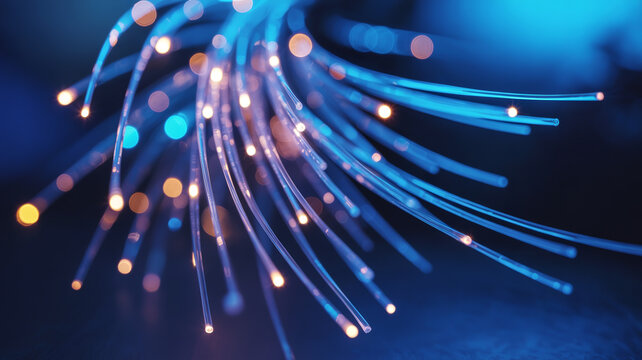 Glowing fiber optic cables transmitting light network infrastructure