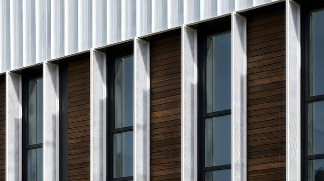 Modern building facade with wood siding and metal fins