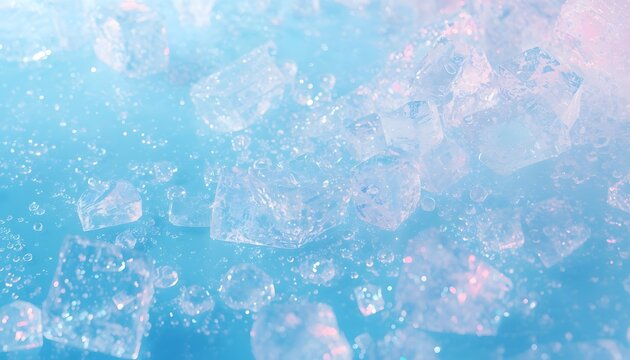 Ice cubes sparkling with cool blue light creating refreshing and fresh feeling perfect for summer and cold drinks