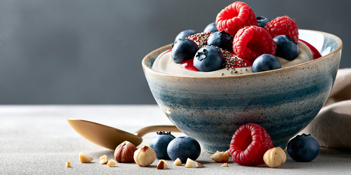 Icelandic skyr bowl with blueberries raspberries chia seeds and hazelnuts showcasing a Nordic breakfast for balanced nutrition