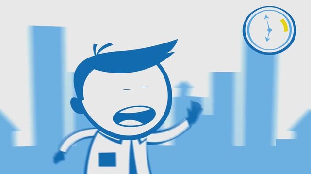 2D Animated Excited Blue Cartoon Character Presenting and Pointing at Wall Clock Icon, Time Efficiency and Deadline Urgency Concept