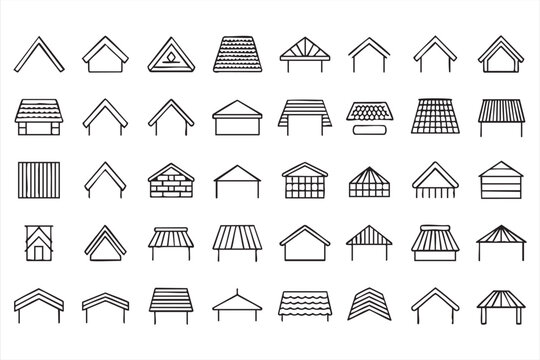 Roofing and residential architecture line icons for construction, real estate, home improvement and housing graphics