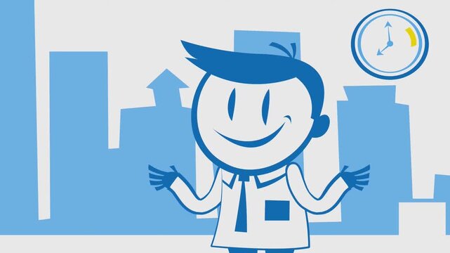 2D Animated Happy Blue Cartoon Character Shrugging Shoulders and Smiling with Open Arms, Welcoming Friendly Confident Gesture Video