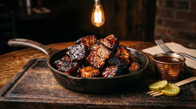 Delicious pork belly burnt ends in a cast iron skillet with pickles and sauce