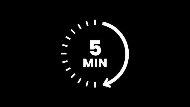 Clock with 5 min and circular arrows timer animation on transparent background. 5 Min arrow clock icon animation, 5 minute animation. timer 5 minutes countdown icon. Alpha Channel