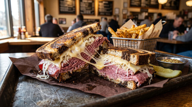 Melted cheese stretches between two halves of a toasted reuben sandwich with fries on side