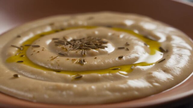 Fresh homemade hummus bowl with olive oil and cumin seeds