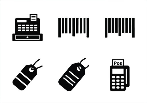 Retail Icons: Cash Register, Barcodes, Price Tags, POS Machine