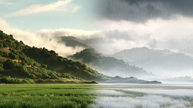 Stunning landscape depicting contrasting weather patterns above vibrant green fields and majestic mountains