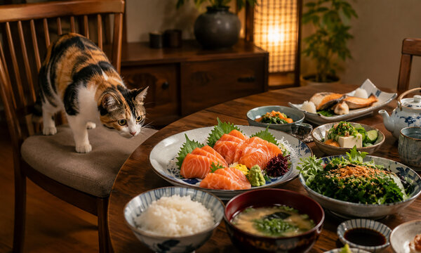 A Cat Eyeing the Dinner Table