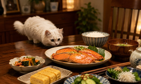 A Cat Eyeing the Dinner Table