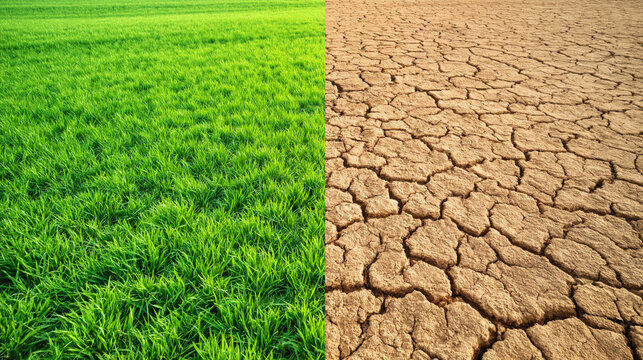 Dramatic contrast between vibrant green grass and arid dry land showcasing the impact of climate change on our environment