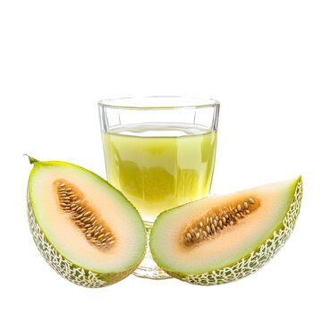 Refreshing cantaloupe juice in glass with two cantaloupe halves showing seeds isolated on white background