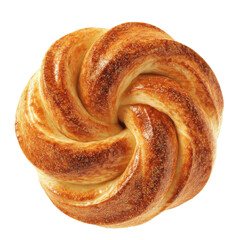 Fototapeta premium Delicious golden-brown swirled pastry with sugar crystals close-up view isolated on white background