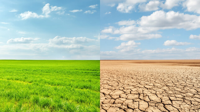 Stunning contrast of lush green fields against dry parched earth beneath a clear blue sky showcasing nature's diversity