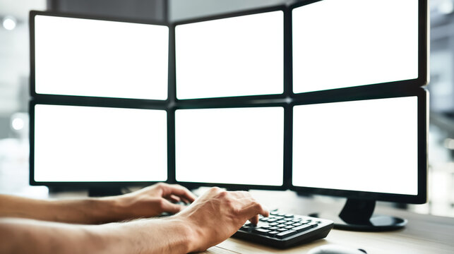 Individual working on a keyboard surrounded by several empty screens in a contemporary office setting