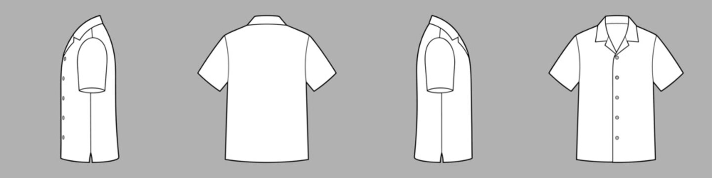 Short sleeve button down shirt vector template set mock up isolated on grey background. flat technical drawing template. Men's casual shirt illustration, front, back and side view, white.