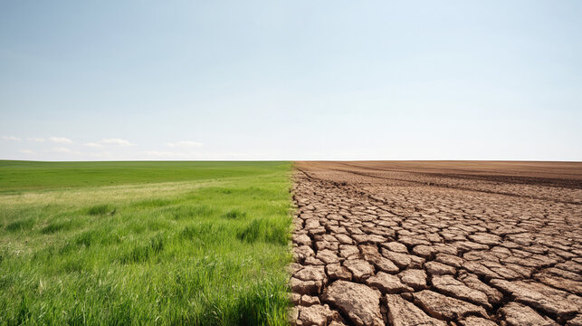 Dramatic landscapes showcasing vibrant green fields alongside dry barren land illustrating the impacts of climate change
