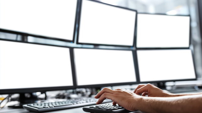 Close up of hands typing on keyboard in front of multiple blank computer monitors in a modern office setup
