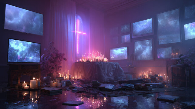 Serene space featuring a luminous cross and candles with screens showcasing stunning cosmic visuals