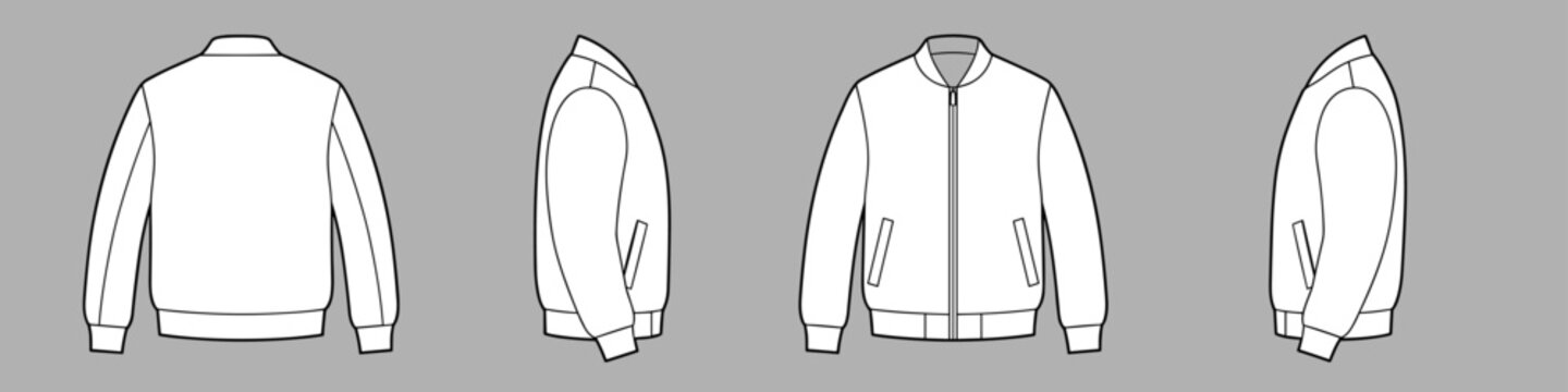 Bomber jacket vector template set mock up isolated on grey background. flat technical drawing template. Unisex outerwear illustration, front, back and side view, white. Zip jacket Mock-up.