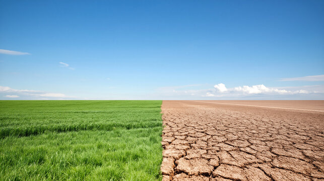 A stunning contrast of vibrant green grass and parched cracked earth set against a bright clear blue sky