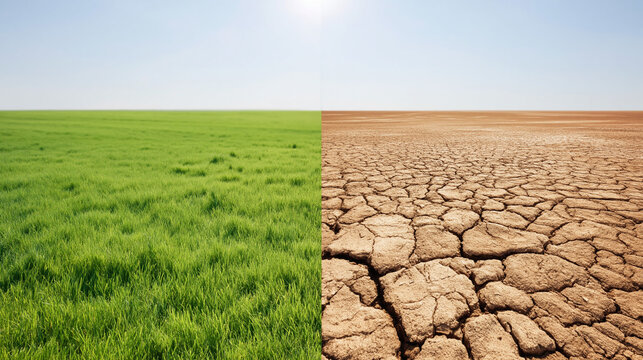 Vivid landscapes where lush green grass meets arid cracked soil beneath a bright clear sky