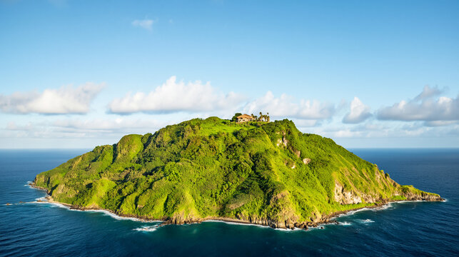 Bird's eye perspective of a vibrant green island encircled by crystal clear waters beneath a sunny sky