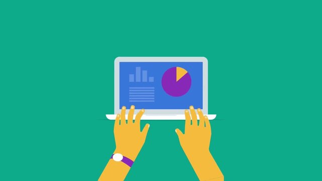 2D Animated Close Up Overhead View of Hands Holding Laptop Computer with Financial Analytics Infographic Charts on Screen, Business Tech