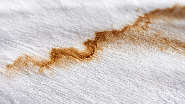 Detailed close up of a brown stain on a textured white fabric showcasing intricate patterns and fiber structure