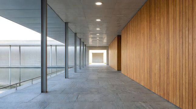 Modern minimalist architectural corridor with wooden wall and pool