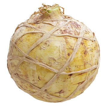 Pale yellow root vegetable wrapped in raffia isolated on white background