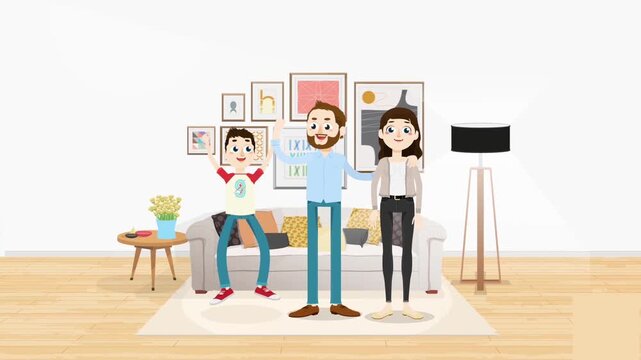 2D Animated Happy Family of Father Mother and Daughter Standing Together and Smiling in Modern Living Room Interior, Home Life Video