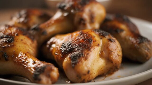Close-up of delicious grilled bbq chicken drumsticks on a white plate