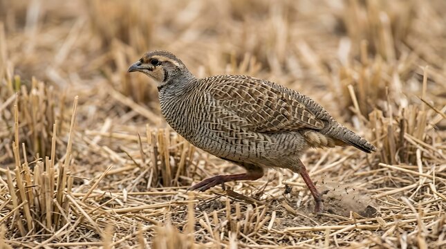 A detailed grey francolin bird walks with focus showing intricate brown patterned feathers and sharp eyes in a side profile view