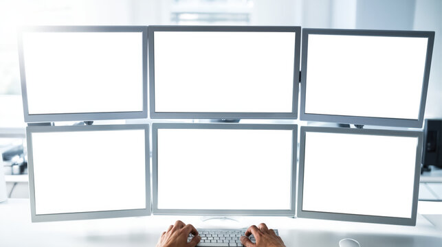 Individual working in a contemporary office setup featuring several computer displays with empty screens for personalized content