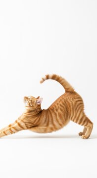 Orange Tabby Cat Stretching on White Background.