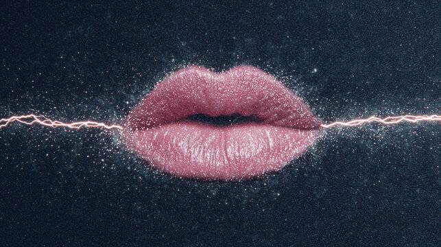 Detailed view of shiny pink lips adorned with sparkling glitter and vibrant electric sparks set against a dark backdrop