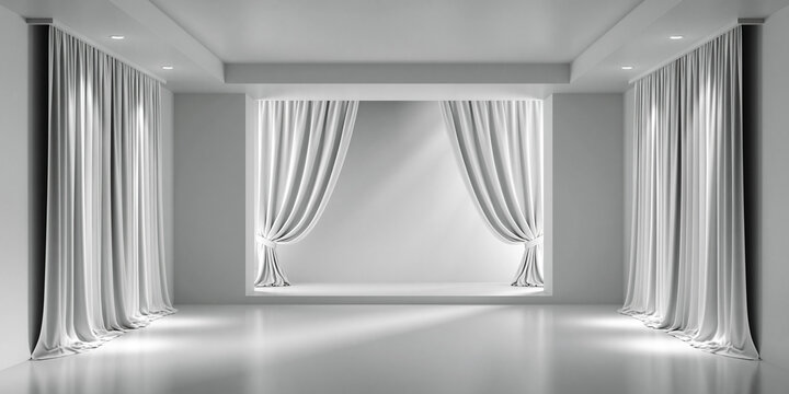 Elegant minimalist stage with white curtains and soft lighting for theatrical performances or presentations