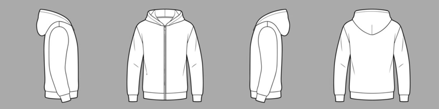 Zip-up hoodie vector template set mock up isolated on grey background. flat technical drawing template. Unisex hooded sweatshirt illustration, front, back and side view, white. Zip Hoodie Mock-up.
