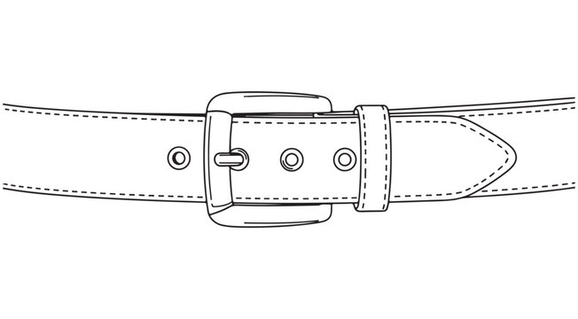 Leather belt vector illustration with buckle and stitched strap for fashion design and technical drawing