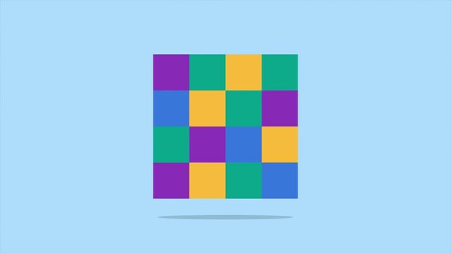 2D Animated Abstract Geometric Grid Pattern of Flashing Colorful Mosaic Square Blocks on Blue Background, Data Storage Texture Video
