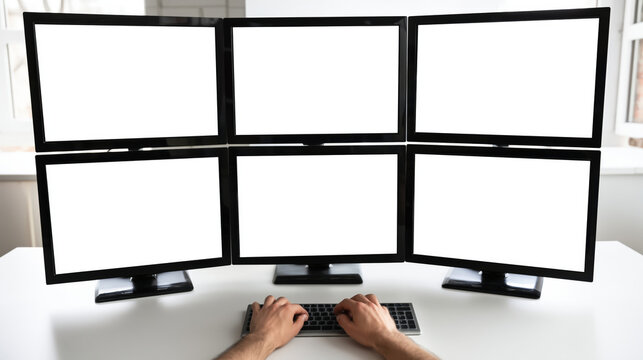Person working at a desk surrounded by multiple monitors for enhanced productivity and data analysis