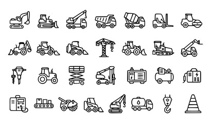 Construction Machinery Outline Icons Set with Heavy Equipment Linear Vector Collection © MSTMERINA