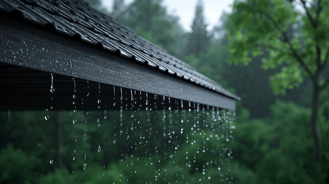 Raindrops gently cascading from a rooftop on a rainy day surrounded by vibrant greenery in a tranquil forest