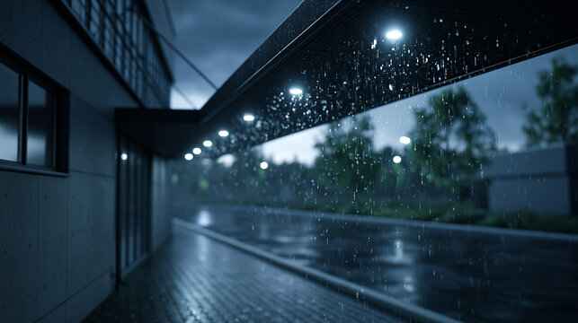 Urban architecture illuminated by streetlights on a rainy night with reflections shimmering on the wet pavement