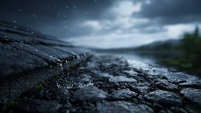 Raindrops cascading on a cobblestone path under a dramatic stormy sky creating a moody atmosphere