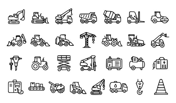 Construction Machinery Outline Icons Set with Heavy Equipment Linear Vector Collection