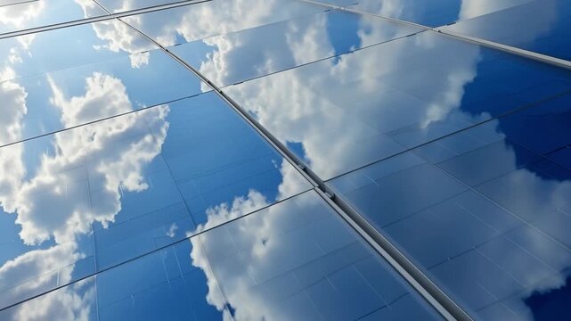 Solar panels reflecting cloudy sky