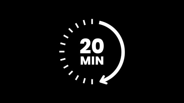 Clock with 20 min and circular arrows timer animation on transparent background. 20 Min arrow clock icon animation, 20 minute animation. timer 20 minutes countdown icon. Alpha Channel